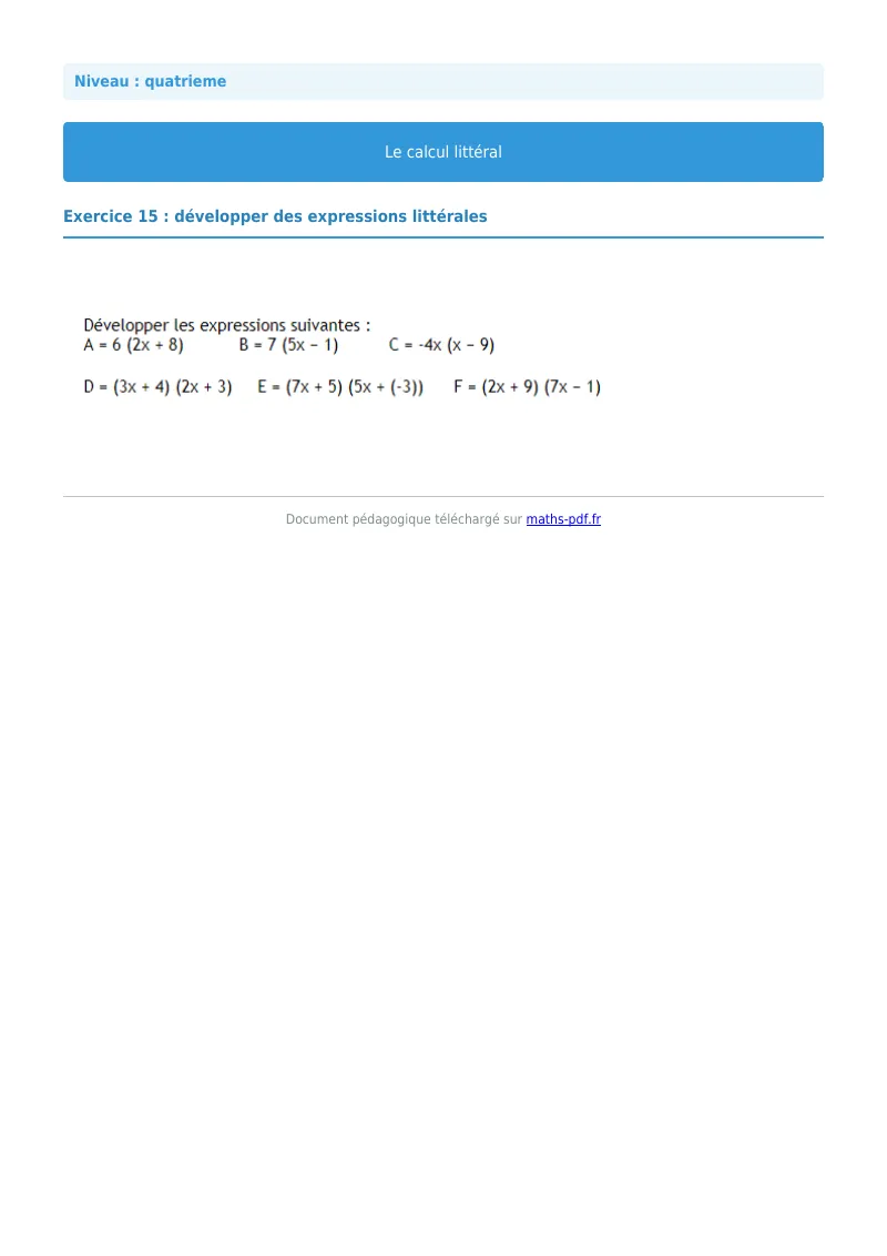 Calcul littéral : exercice n°15 de maths en 4ème corrigé en PDF