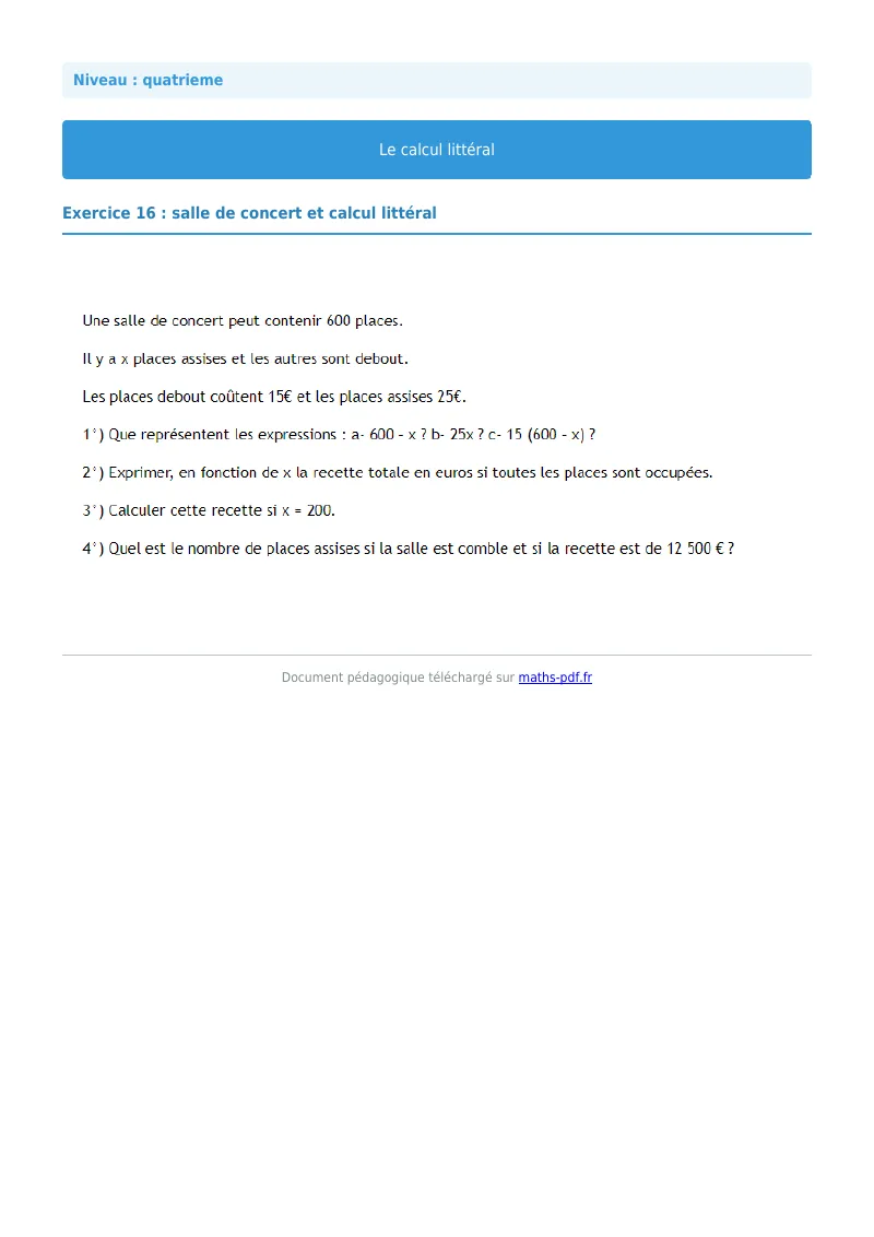 Calcul littéral : exercice n°16 de maths en 4ème corrigé en PDF