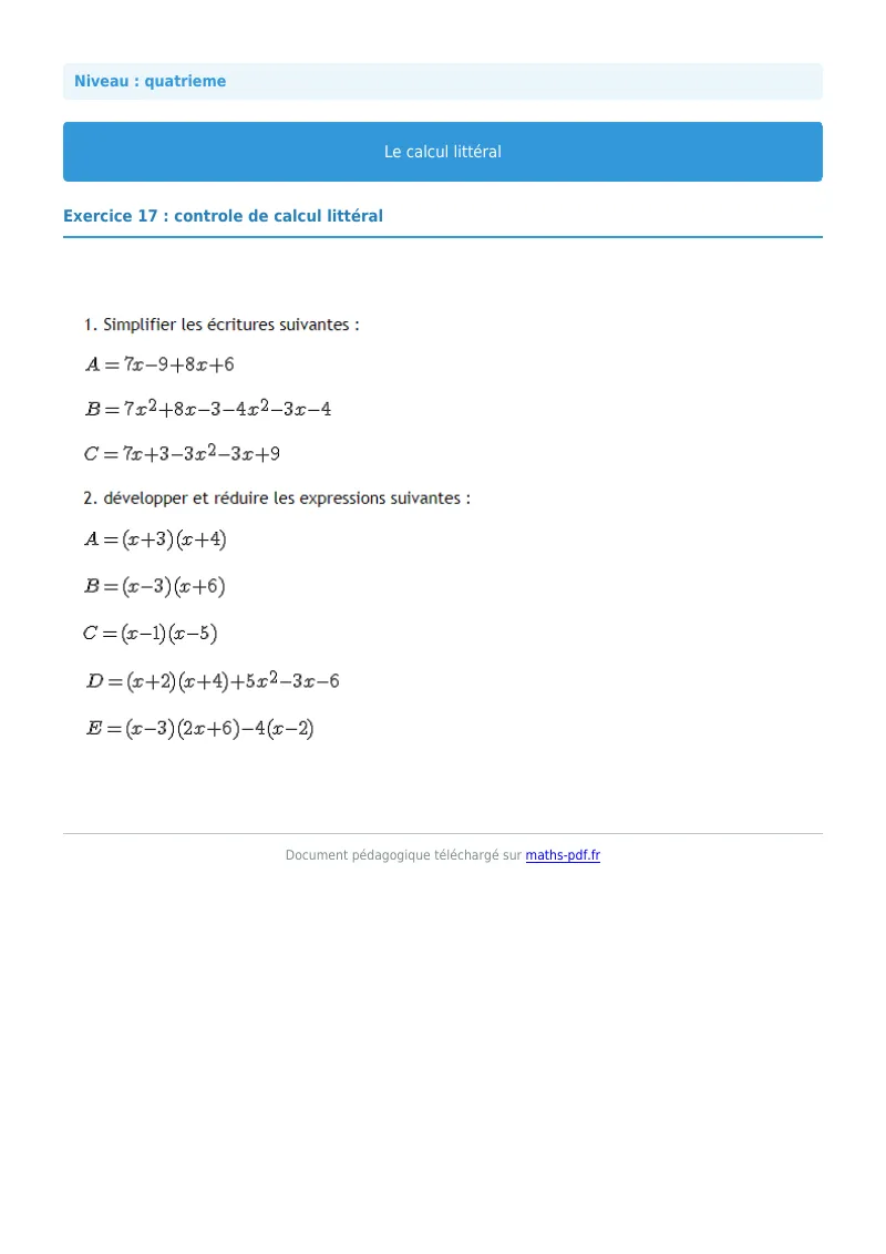 Calcul littéral : exercice n°17 de maths en 4ème corrigé en PDF