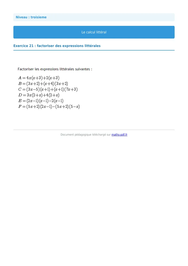 Calcul littéral : exercice n°21 de maths en 3ème corrigé en PDF