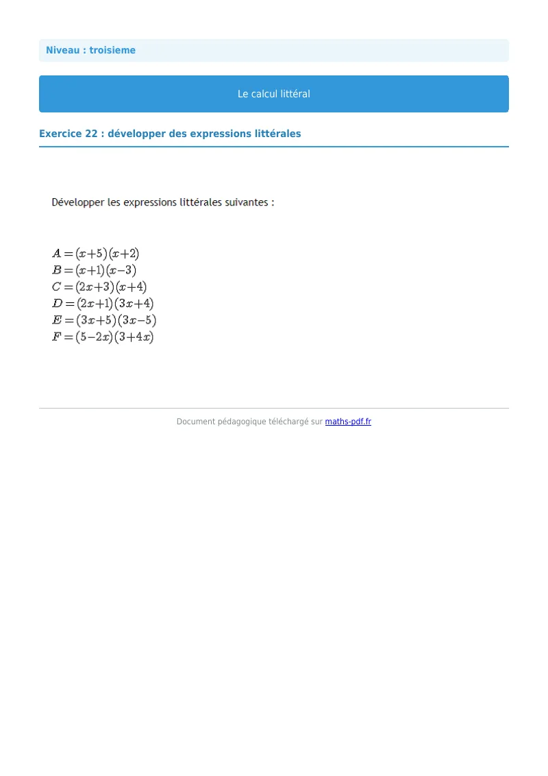 Calcul littéral : exercice n°22 de maths en 3ème corrigé en PDF