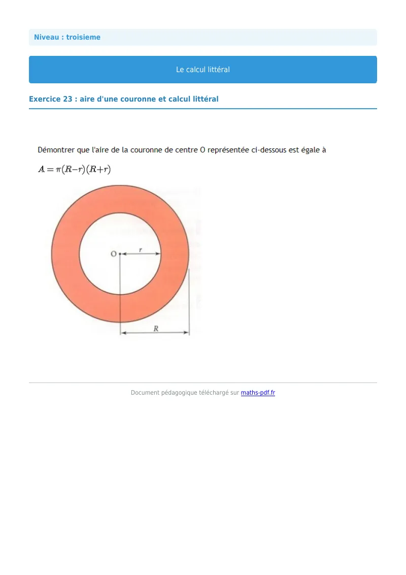 Calcul littéral : exercice n°23 de maths en 3ème corrigé en PDF