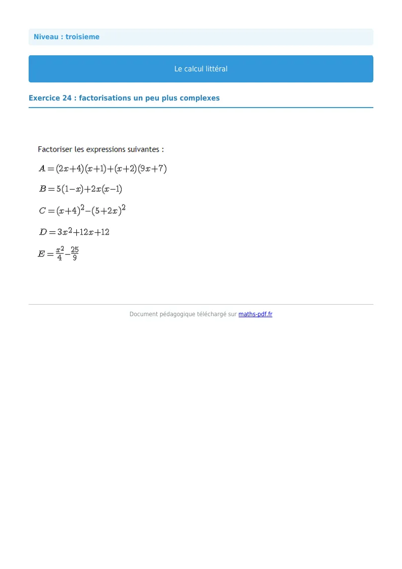 Calcul littéral : exercice n°24 de maths en 3ème corrigé en PDF