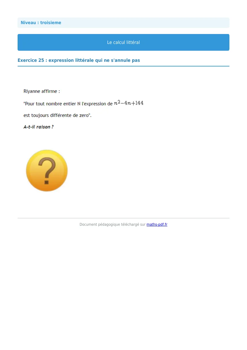 Calcul littéral : exercice n°25 de maths en 3ème corrigé en PDF