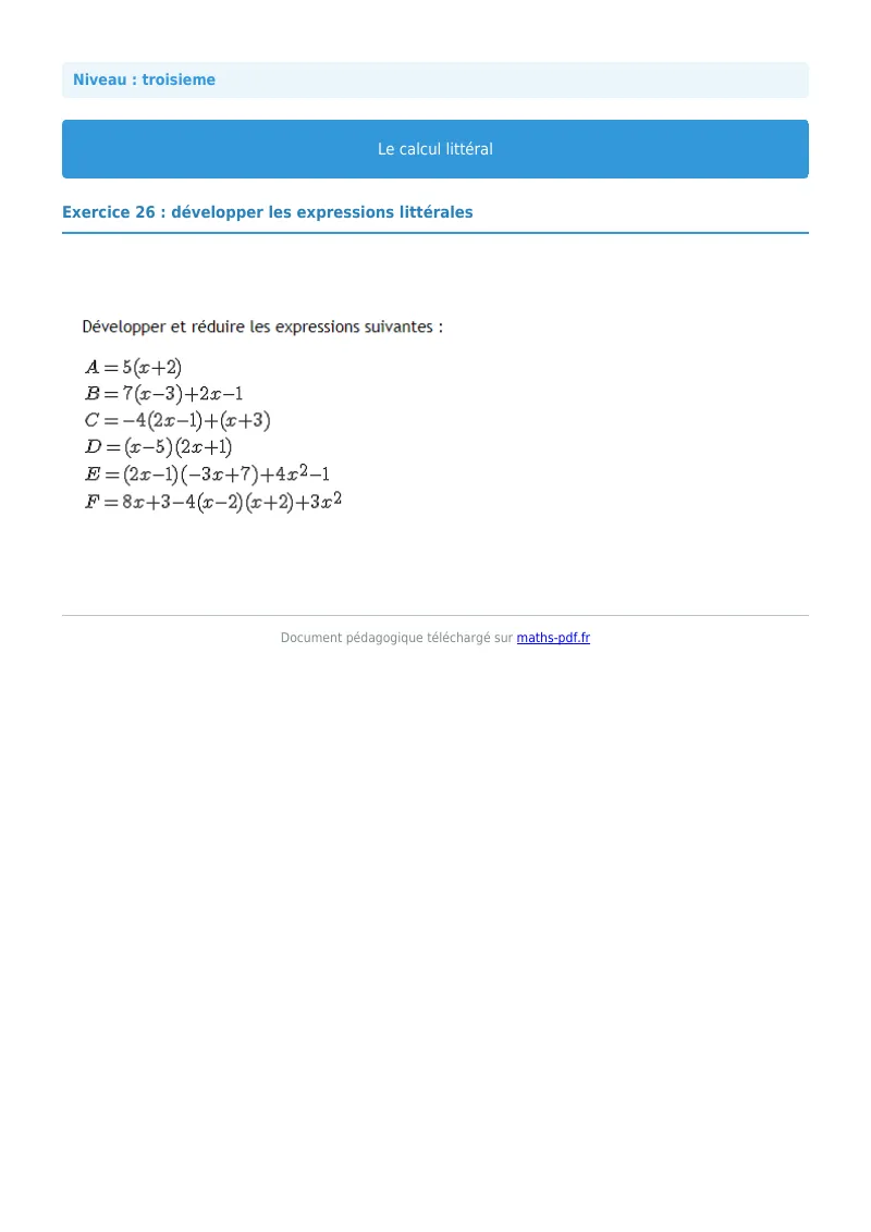 Calcul littéral : exercice n°26 de maths en 3ème corrigé en PDF
