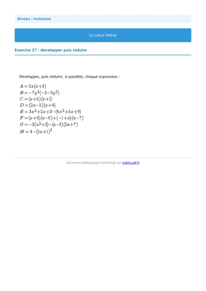 Calcul littéral : exercice n°27 de maths en 3ème corrigé en PDF