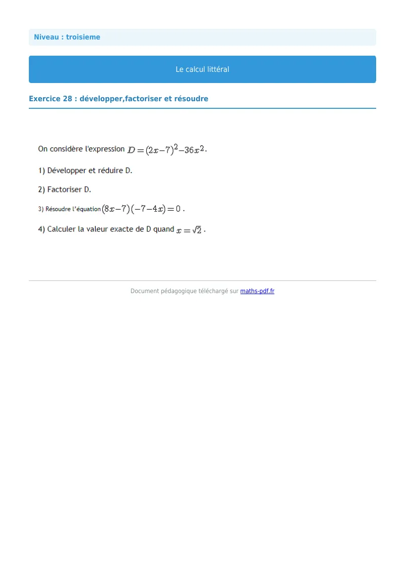 Calcul littéral : exercice n°28 de maths en 3ème corrigé en PDF
