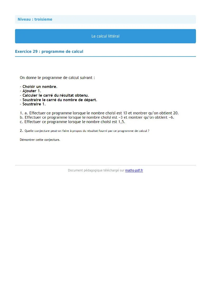 Calcul littéral : exercice n°29 de maths en 3ème corrigé en PDF
