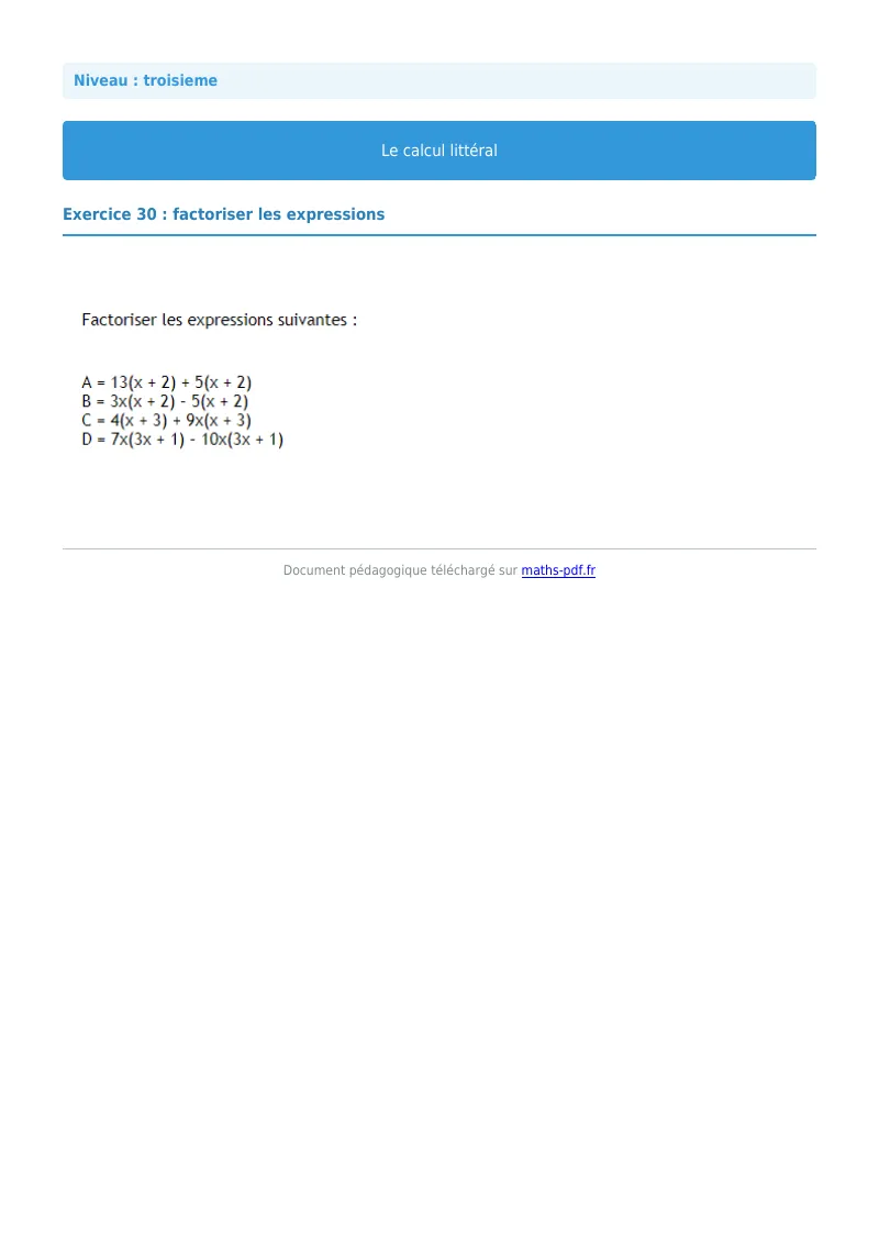 Calcul littéral : exercice n°30 de maths en 3ème corrigé en PDF