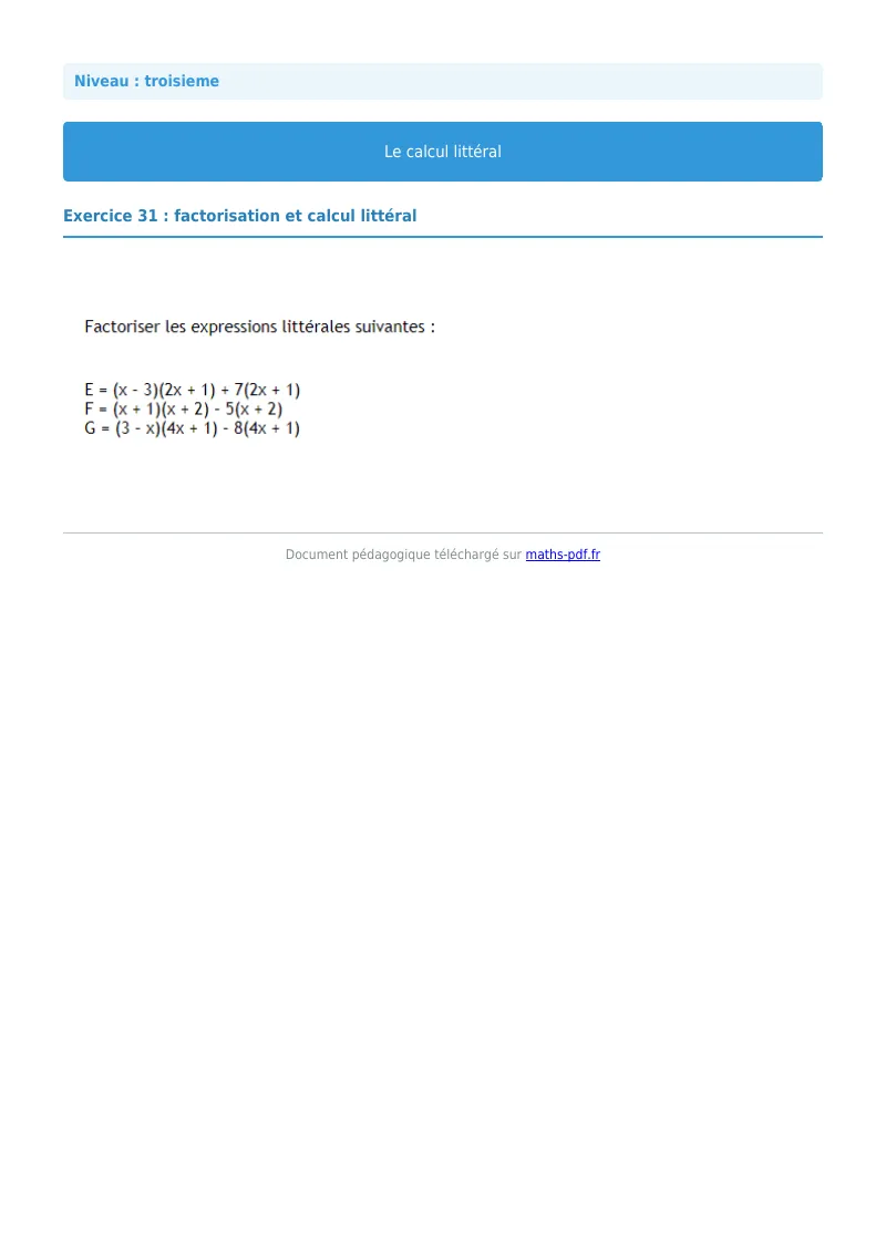 Calcul littéral : exercice n°31 de maths en 3ème corrigé en PDF