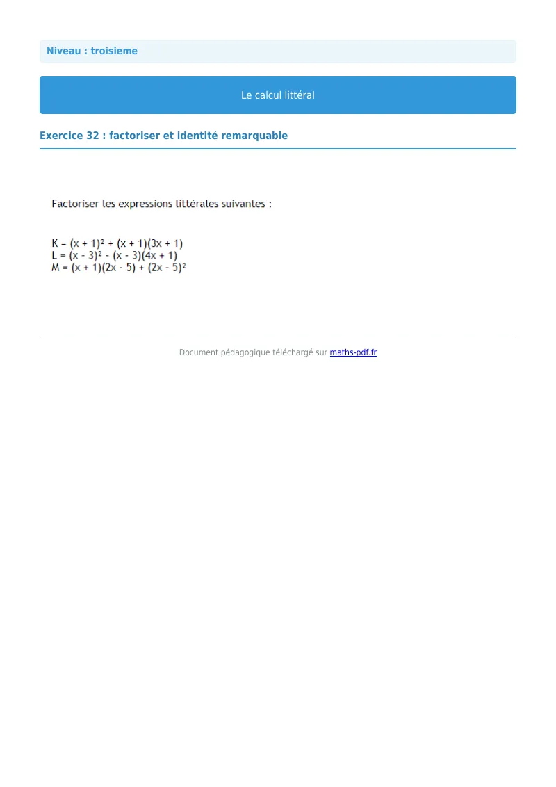Calcul littéral : exercice n°32 de maths en 3ème corrigé en PDF