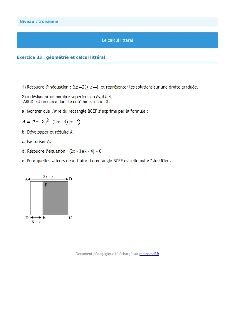 Calcul littéral : exercice n°33 de maths en 3ème corrigé en PDF