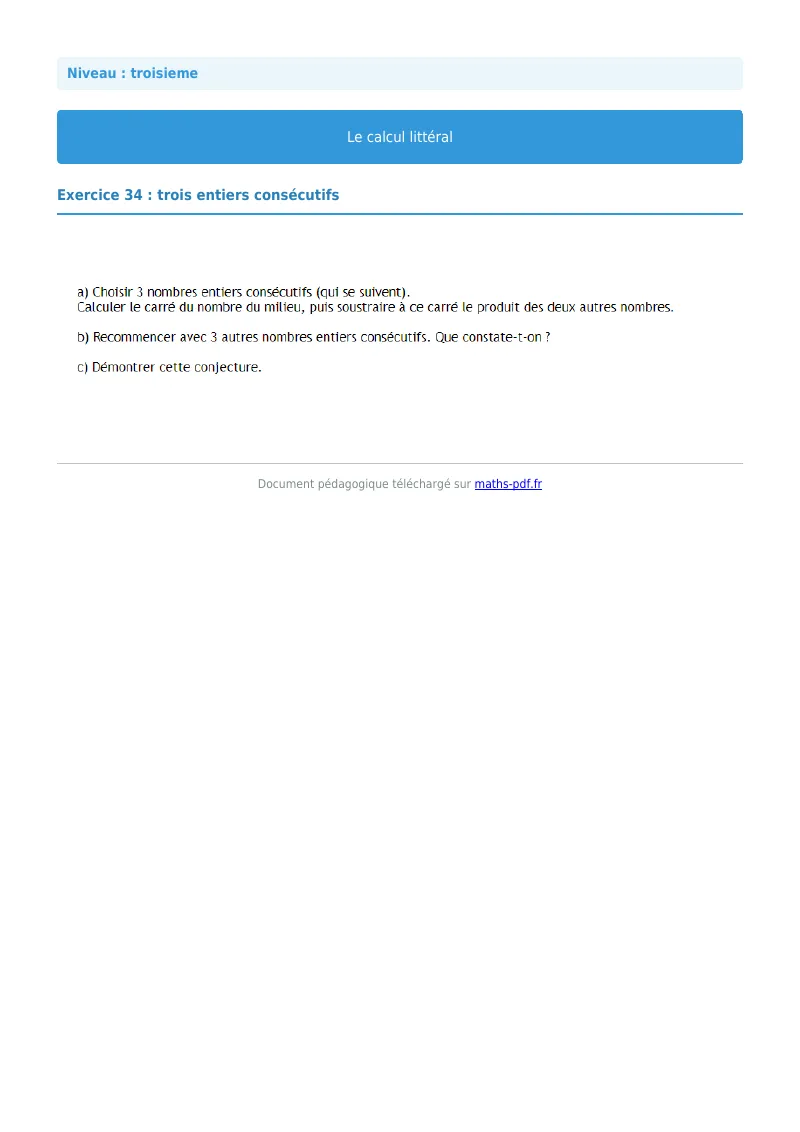 Calcul littéral : exercice n°34 de maths en 3ème corrigé en PDF