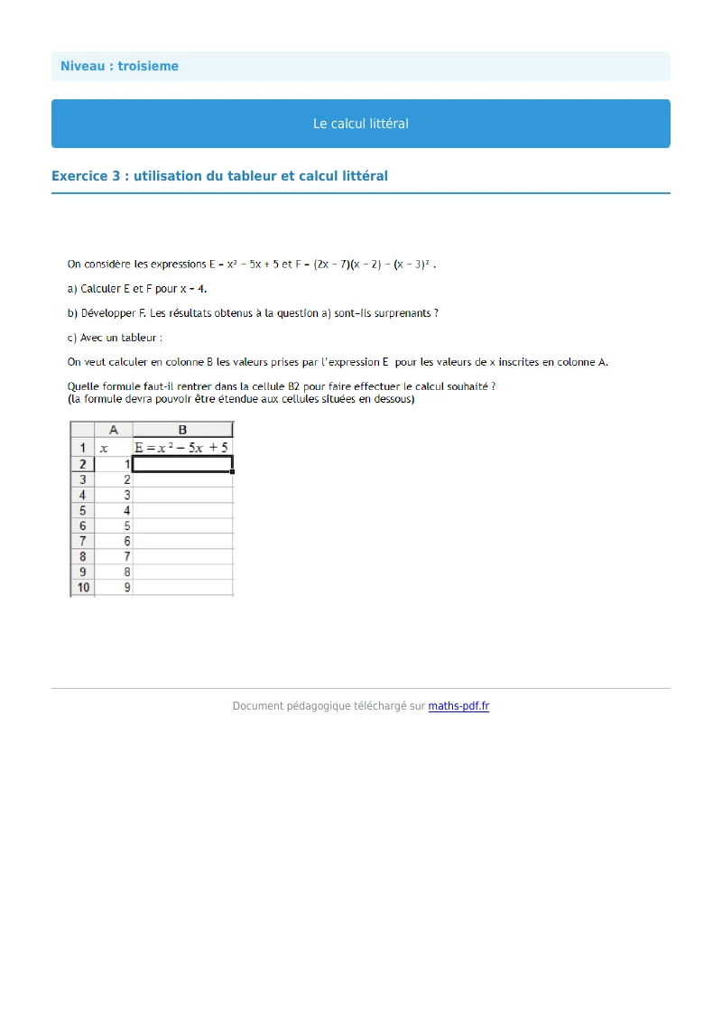 Calcul littéral : exercice n°35 de maths en 3ème corrigé en PDF