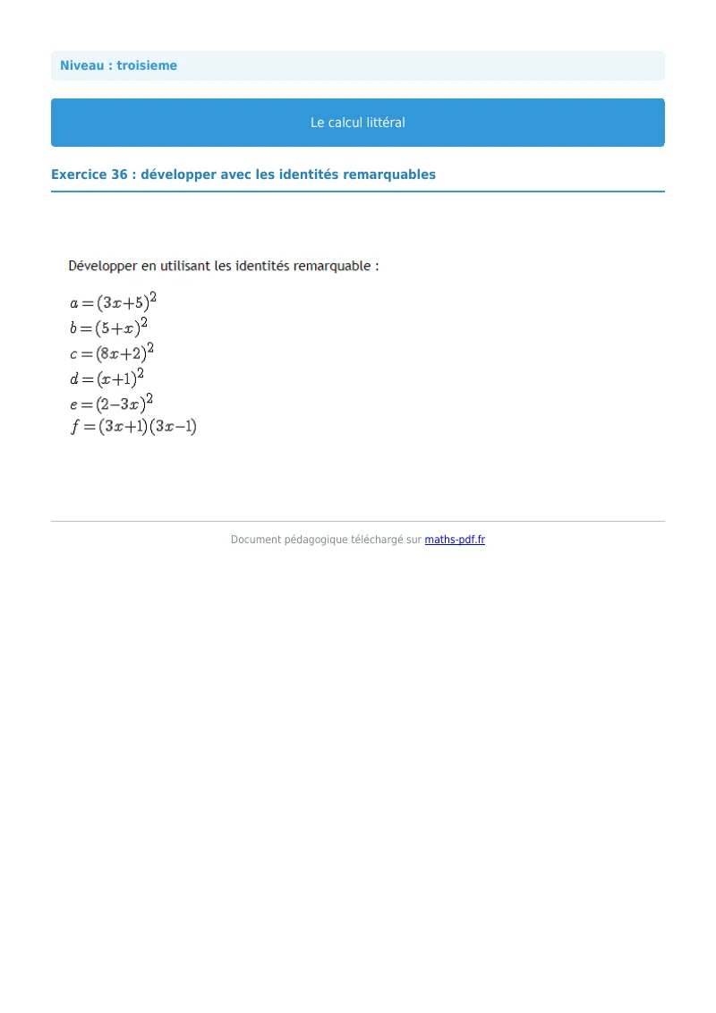 Calcul littéral : exercice n°36 de maths en 3ème corrigé en PDF