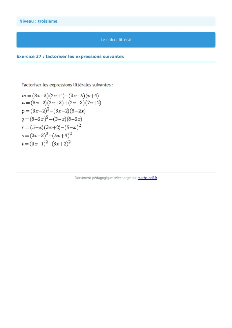 Calcul littéral : exercice n°37 de maths en 3ème corrigé en PDF