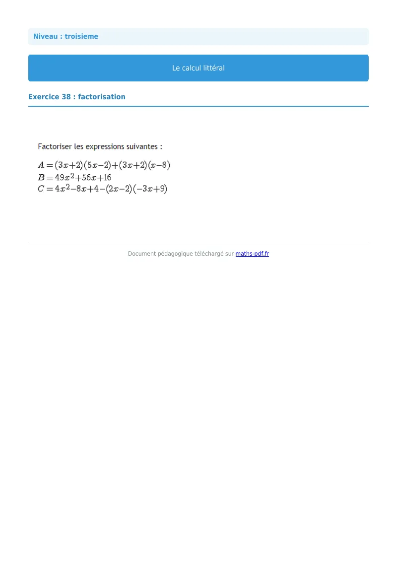 Calcul littéral : exercice n°38 de maths en 3ème corrigé en PDF