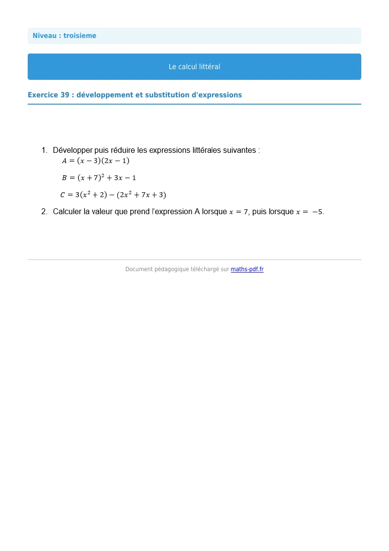 Calcul littéral : exercice n°39 de maths en 3ème corrigé en PDF