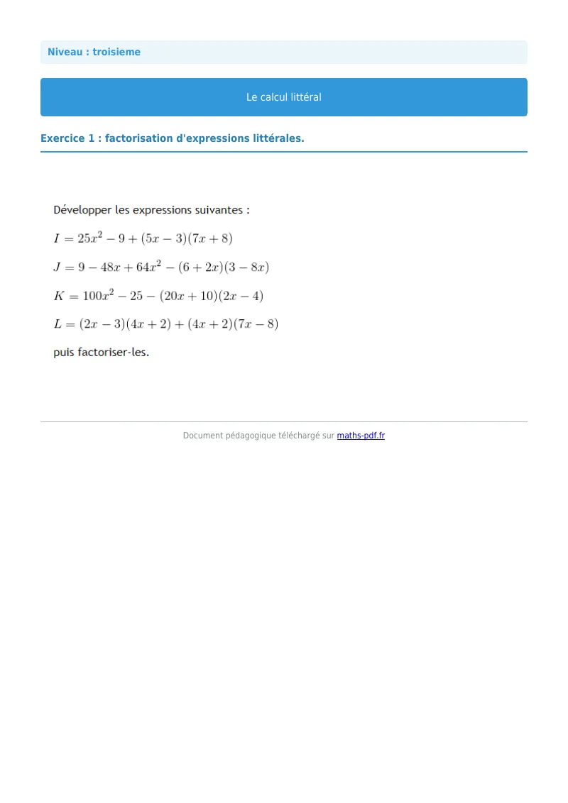 Calcul littéral : exercice n°1 de maths en 3ème corrigé en PDF