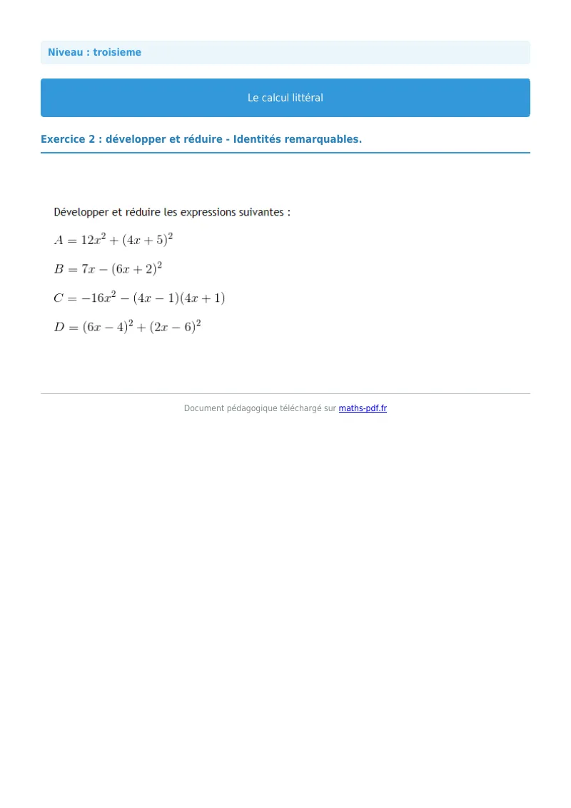 Calcul littéral : exercice n°2 de maths en 3ème corrigé en PDF