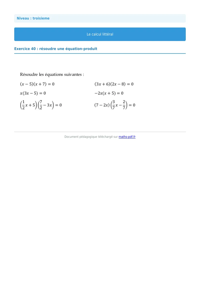 Calcul littéral : exercice n°40 de maths en 3ème corrigé en PDF