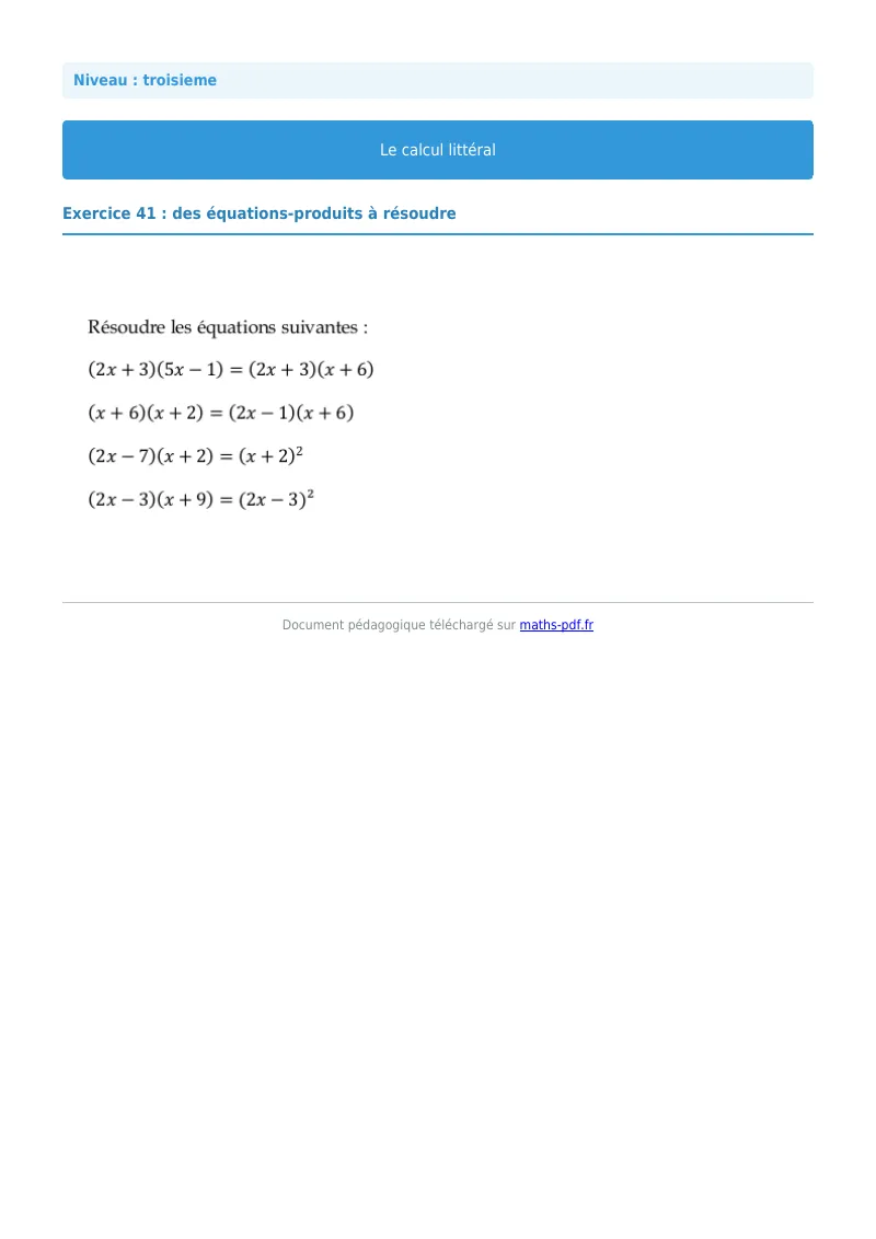 Calcul littéral : exercice n°41 de maths en 3ème corrigé en PDF