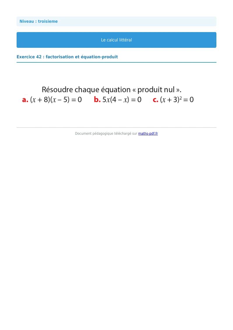 Calcul littéral : exercice n°42 de maths en 3ème corrigé en PDF