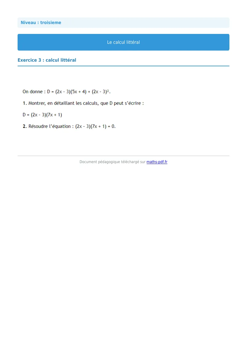 Calcul littéral : exercice n°3 de maths en 3ème corrigé en PDF