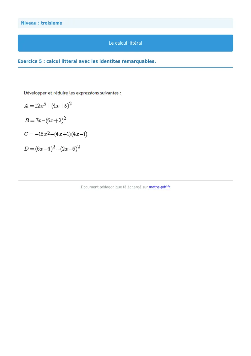 Calcul littéral : exercice n°5 de maths en 3ème corrigé en PDF