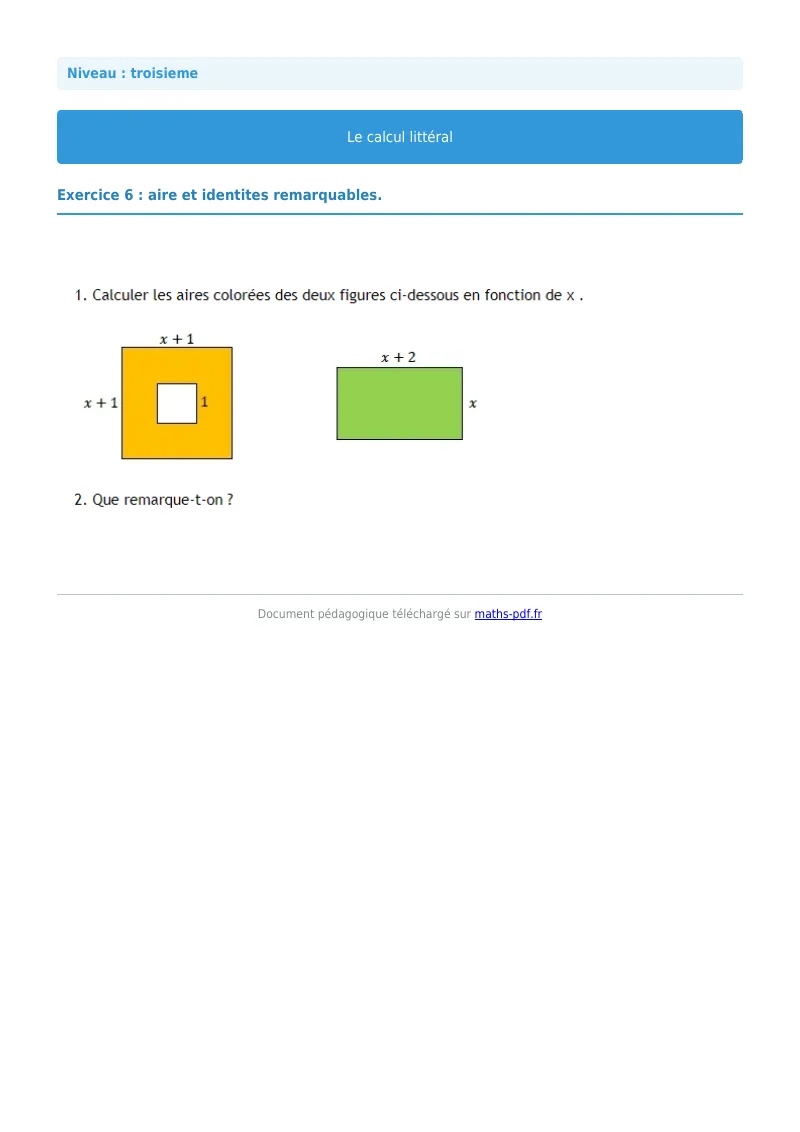 Calcul littéral : exercice n°6 de maths en 3ème corrigé en PDF