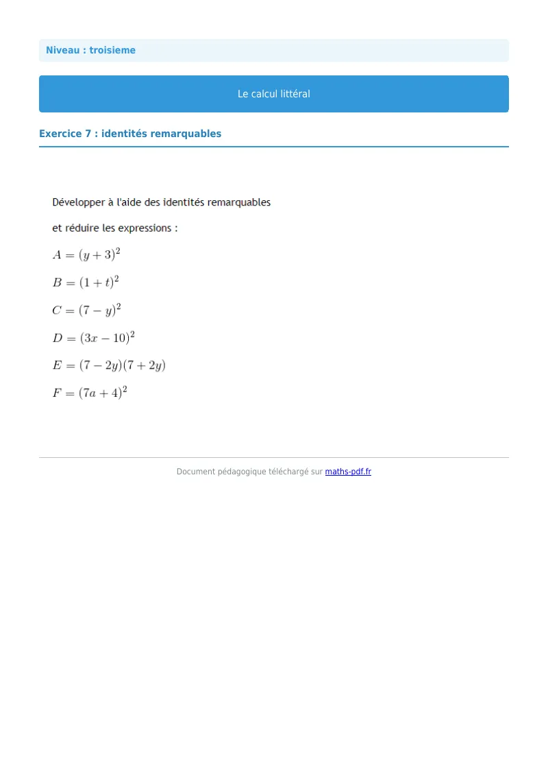 Calcul littéral : exercice n°7 de maths en 3ème corrigé en PDF