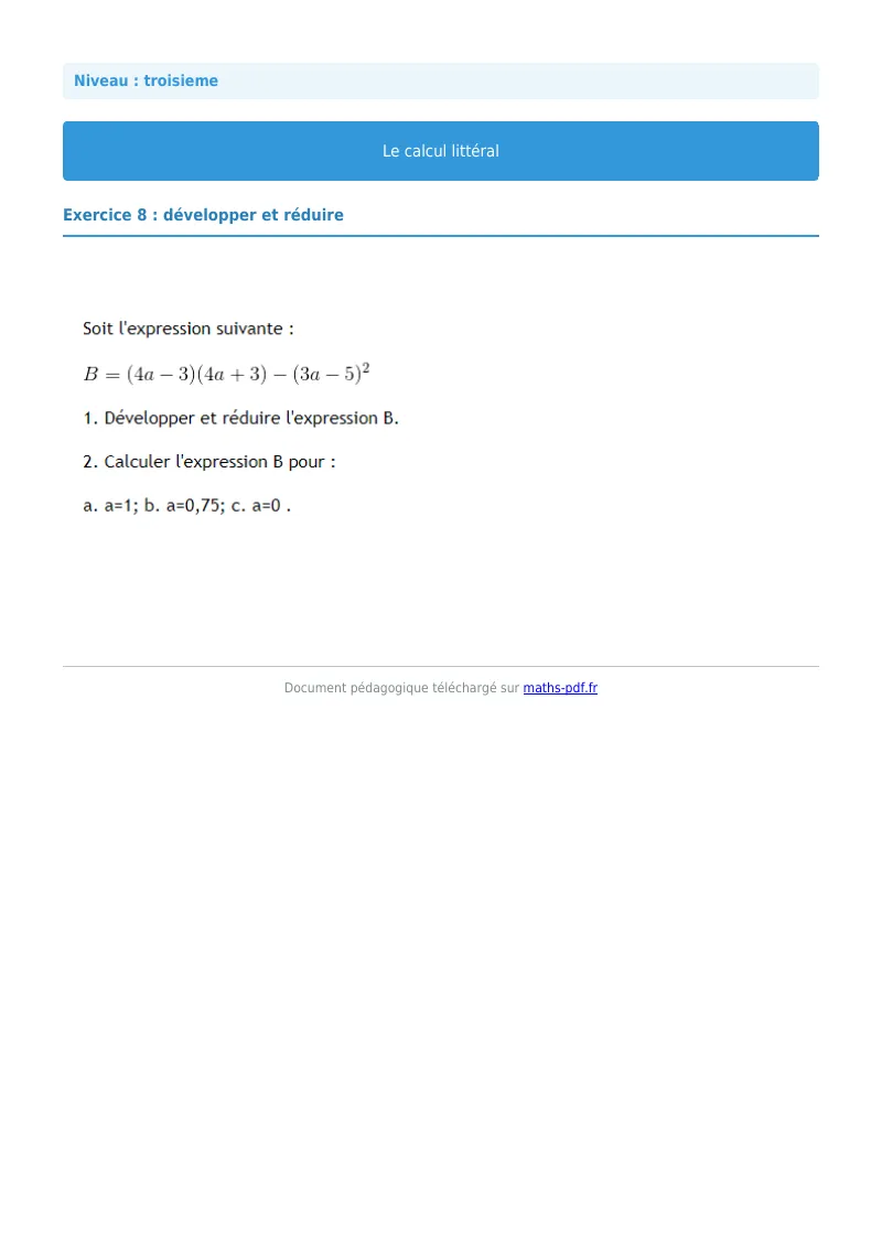 Calcul littéral : exercice n°8 de maths en 3ème corrigé en PDF