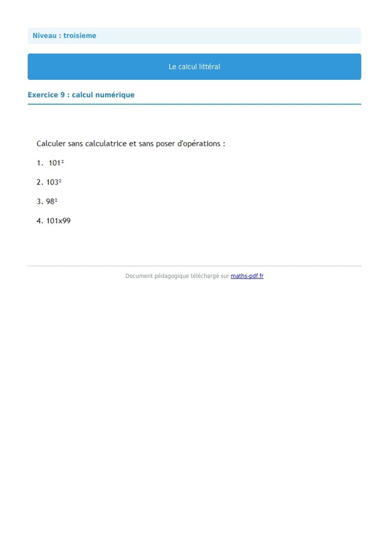 Calcul littéral : exercice n°9 de maths en 3ème corrigé en PDF