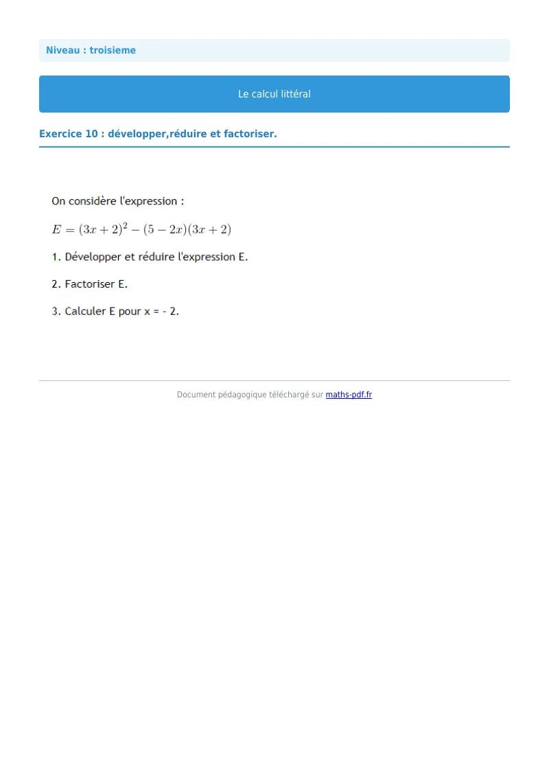 Calcul littéral : exercice n°10 de maths en 3ème corrigé en PDF