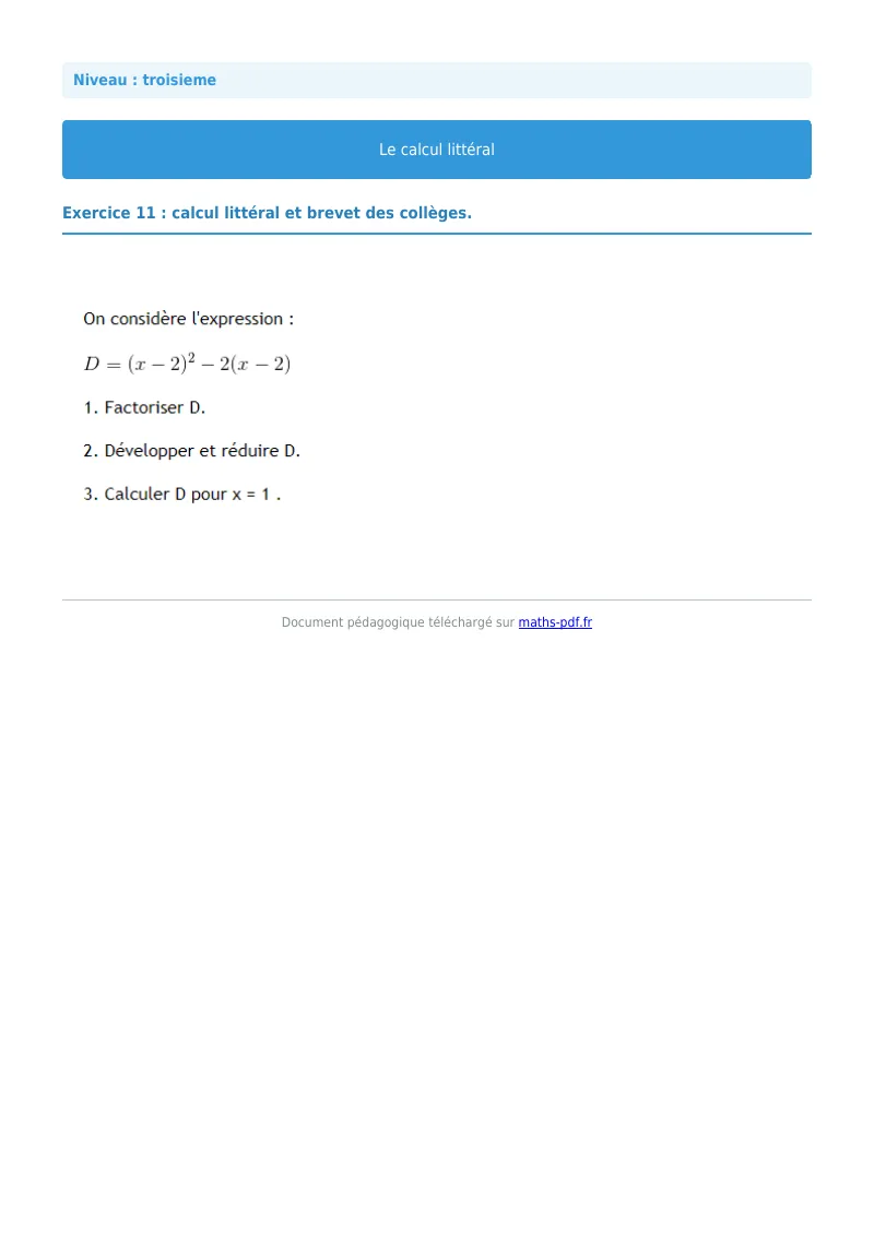 Calcul littéral : exercice n°11 de maths en 3ème corrigé en PDF