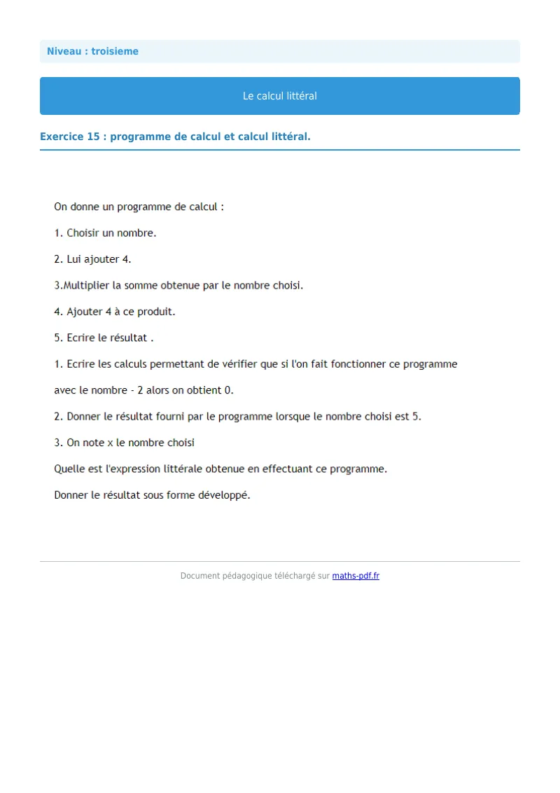 Calcul littéral : exercice n°12 de maths en 3ème corrigé en PDF