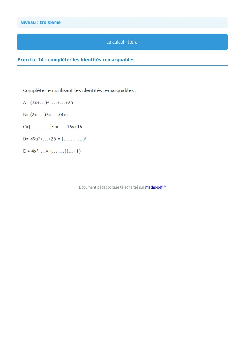 Calcul littéral : exercice n°14 de maths en 3ème corrigé en PDF