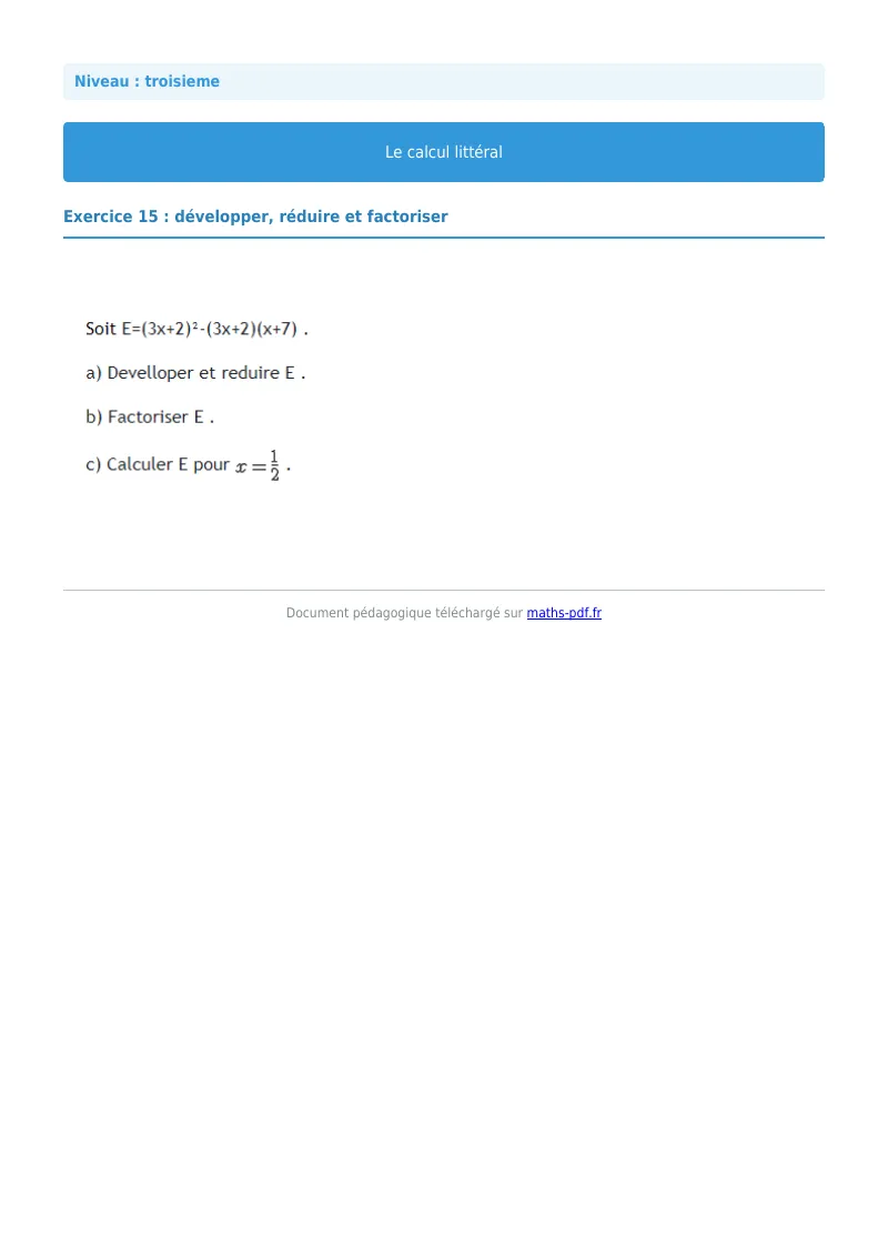 Calcul littéral : exercice n°15 de maths en 3ème corrigé en PDF