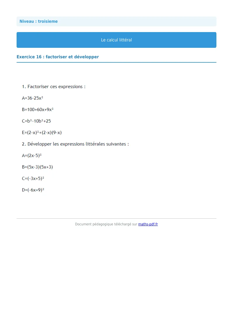 Calcul littéral : exercice n°16 de maths en 3ème corrigé en PDF