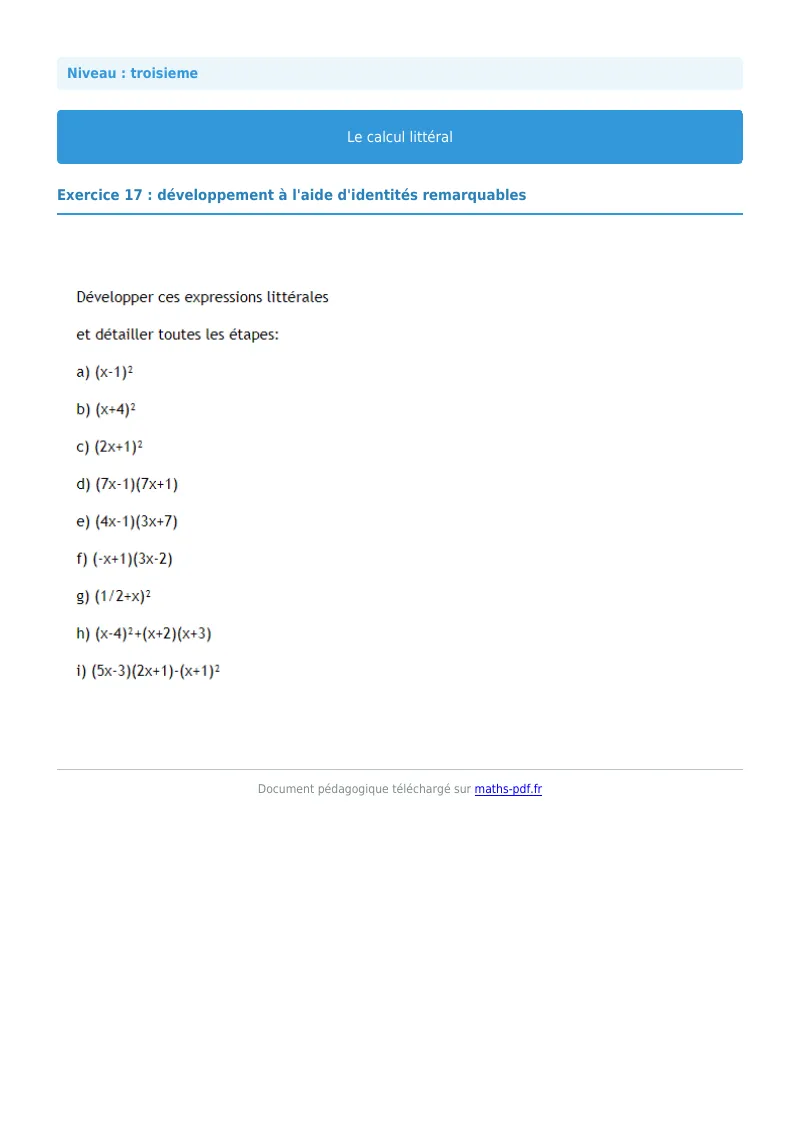Calcul littéral : exercice n°17 de maths en 3ème corrigé en PDF