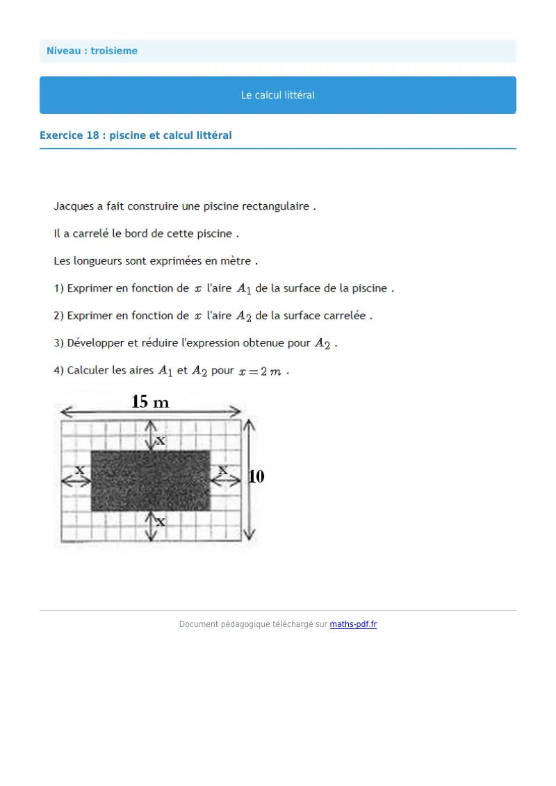 Calcul littéral : exercice n°18 de maths en 3ème corrigé en PDF