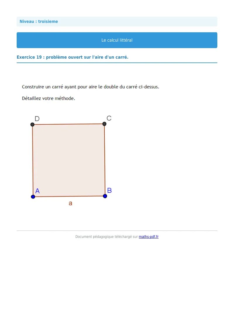 Calcul littéral : exercice n°19 de maths en 3ème corrigé en PDF