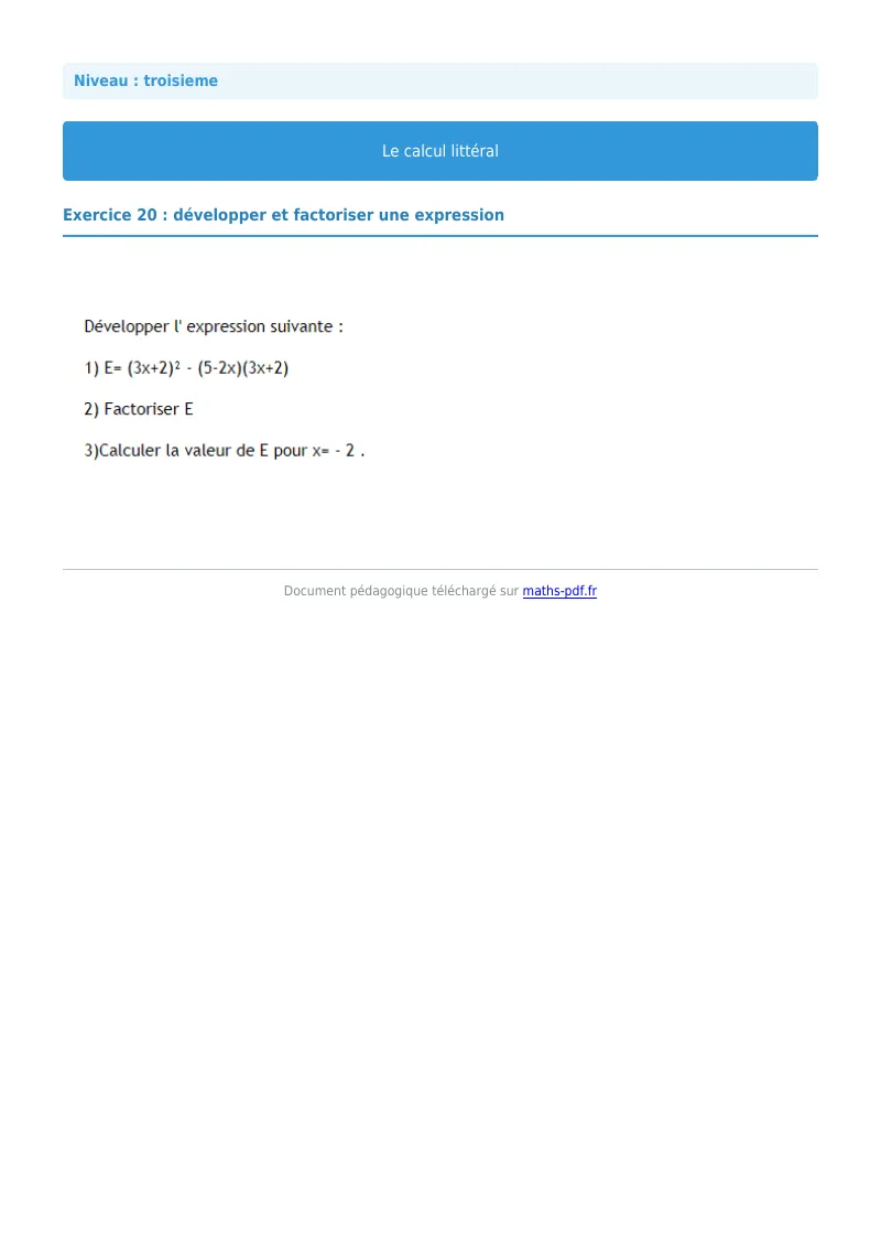 Calcul littéral : exercice n°20 de maths en 3ème corrigé en PDF