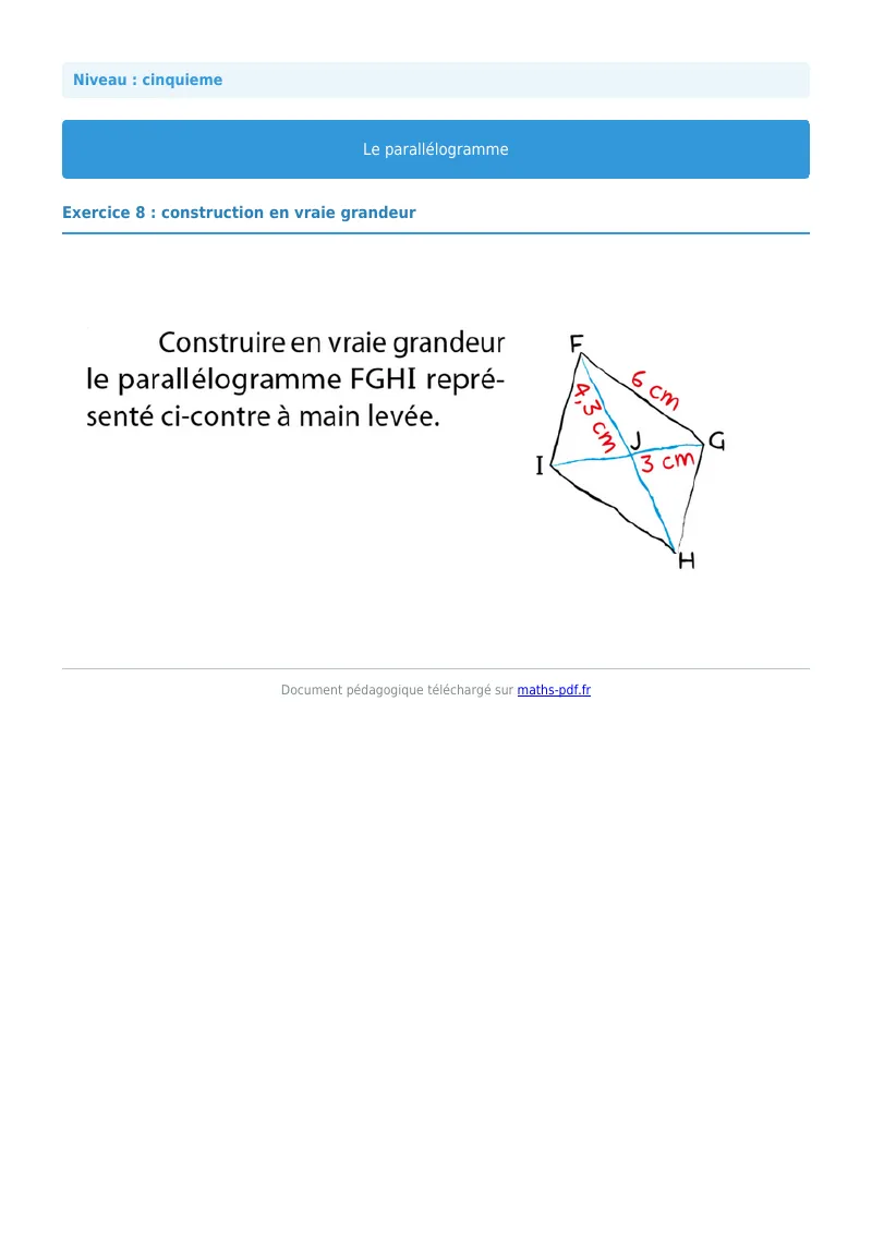 Parallélogramme : exercice n°8 de maths en 5ème corrigé en PDF