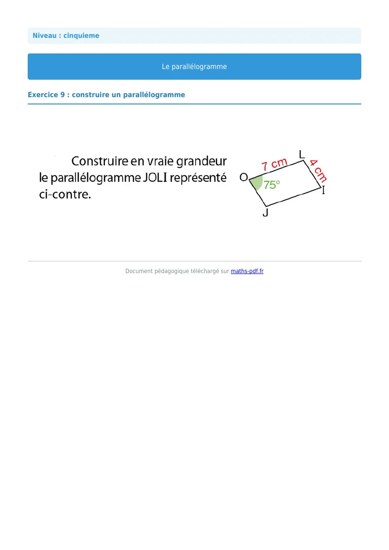 Parallélogramme : exercice n°9 de maths en 5ème corrigé en PDF