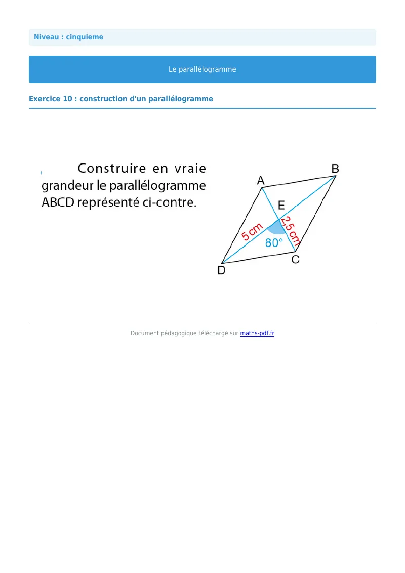 Parallélogramme : exercice n°10 de maths en 5ème corrigé en PDF