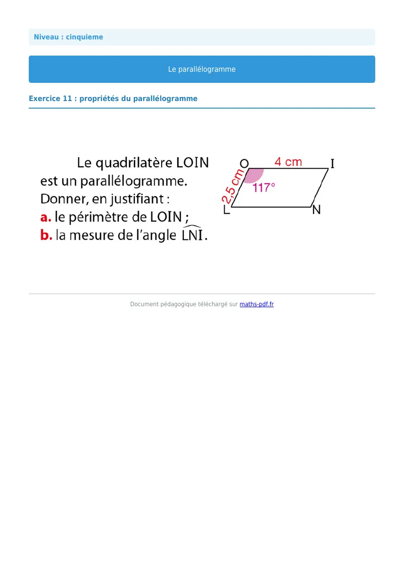 Parallélogramme : exercice n°11 de maths en 5ème corrigé en PDF