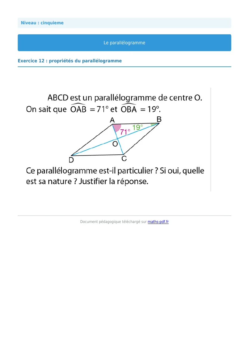 Parallélogramme : exercice n°12 de maths en 5ème corrigé en PDF
