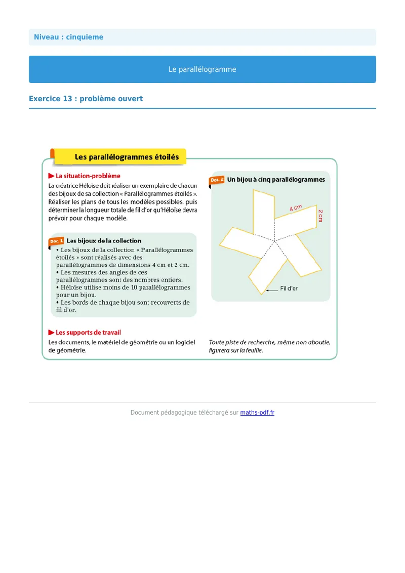 Parallélogramme : exercice n°13 de maths en 5ème corrigé en PDF