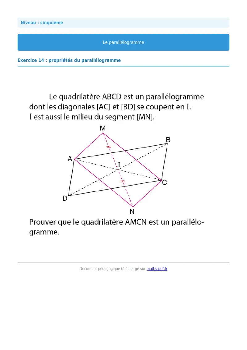 Parallélogramme : exercice n°14 de maths en 5ème corrigé en PDF